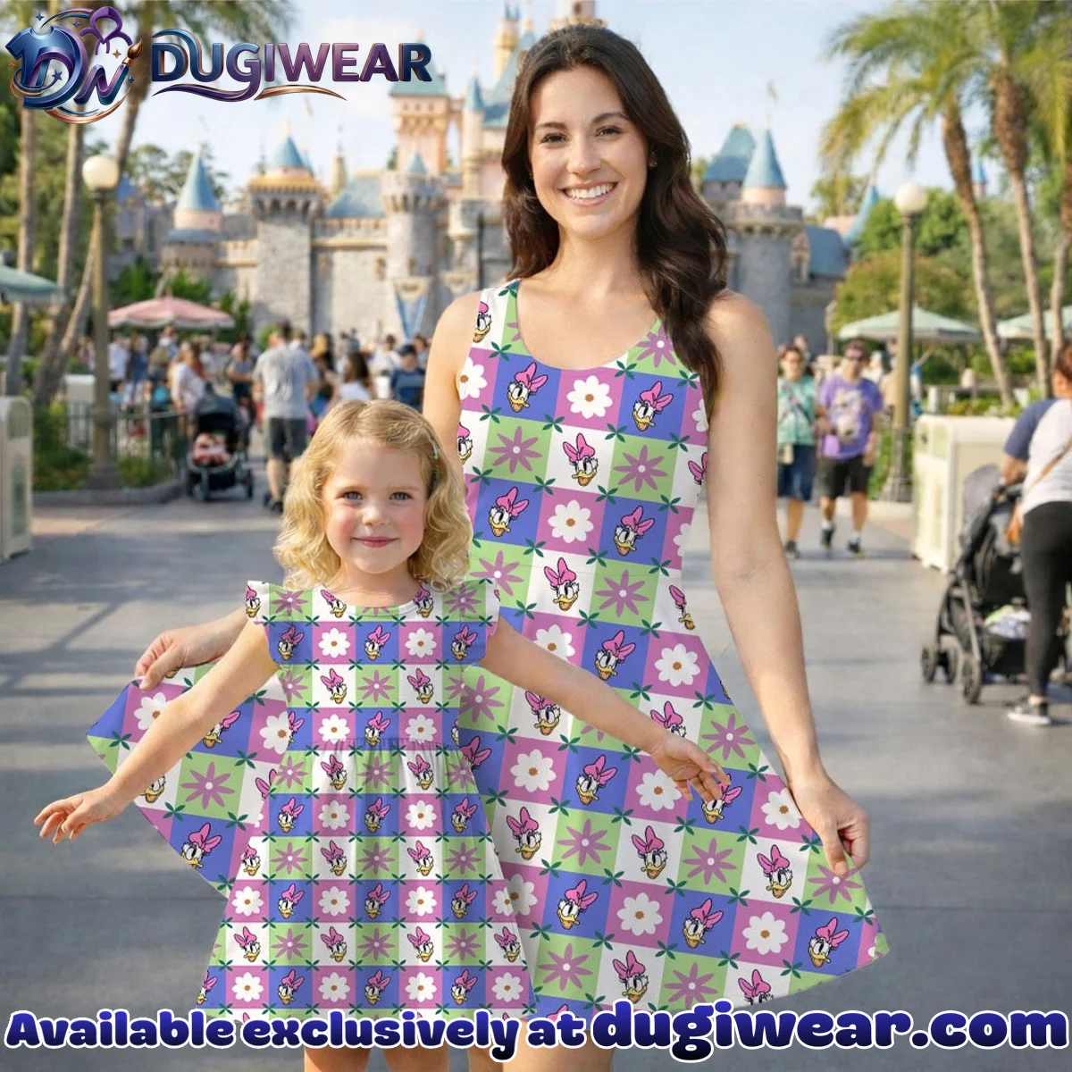 Daisy Duck Gingham Mommy & Me Skater Dress, Mama Mini Floral Matching Outfit Daisy Duck Gingham Mommy & Me Skater Dress, Mama Mini Floral Matching Outfit