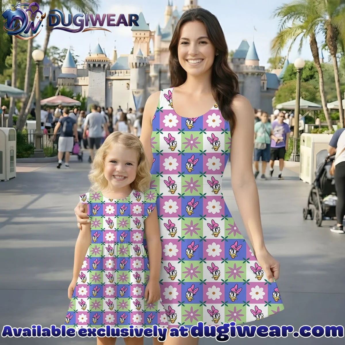 Daisy Duck Gingham Mommy & Me Skater Dress, Mama Mini Floral Matching Outfit
