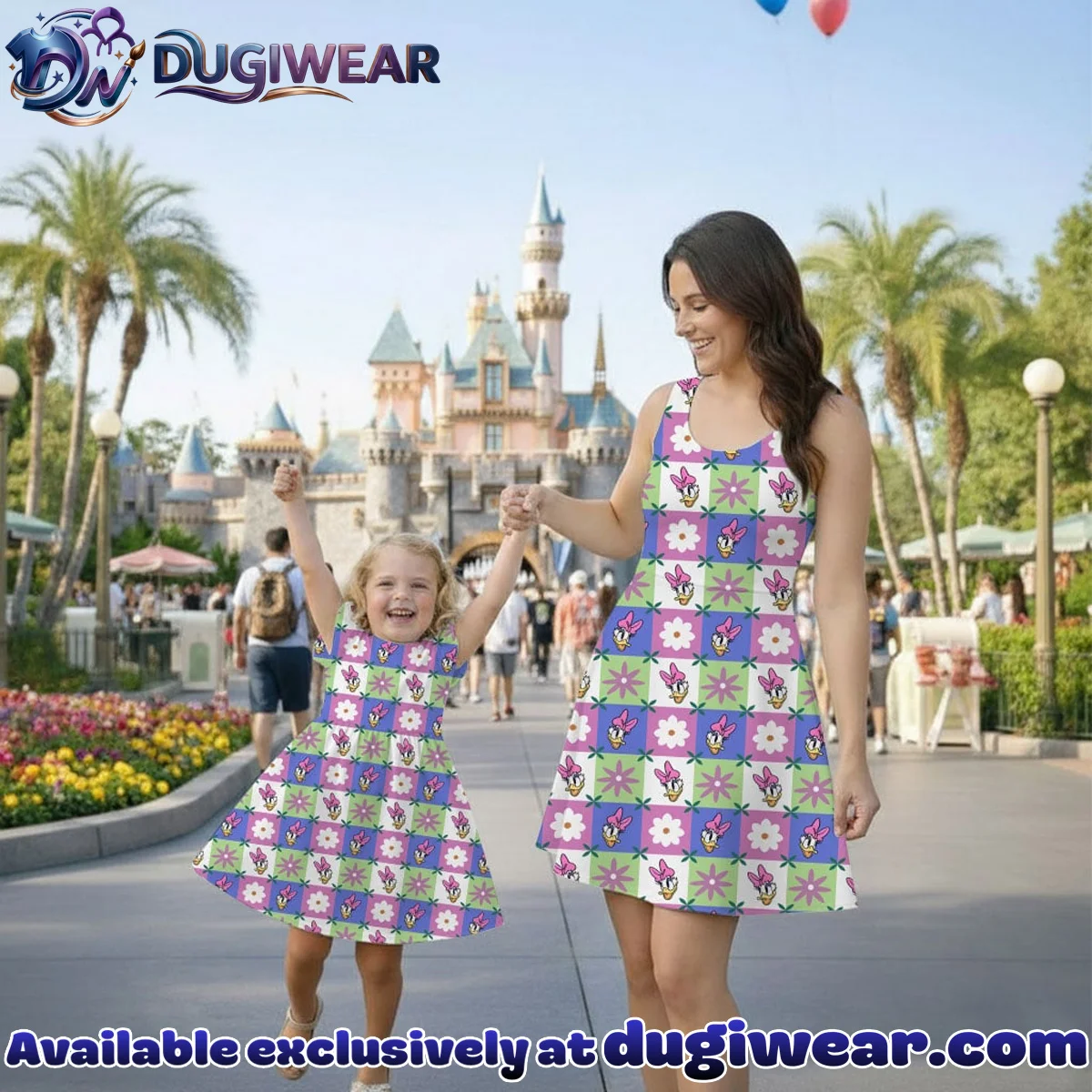 Daisy Duck Gingham Mommy & Me Skater Dress, Mama Mini Floral Matching Outfit Daisy Duck Gingham Mommy & Me Skater Dress, Mama Mini Floral Matching Outfit