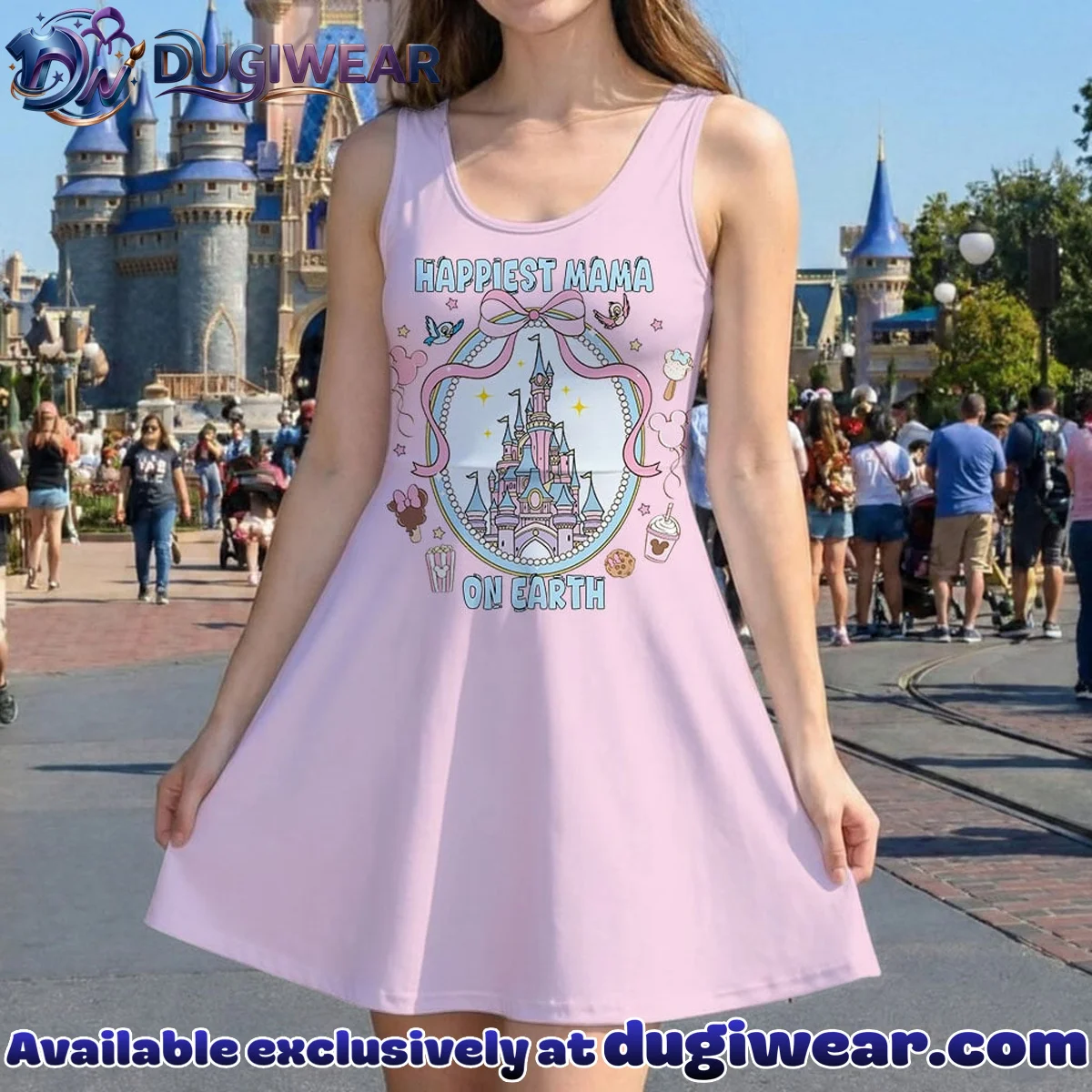 Disney Castle Happiest Mama On Earth Pattern Mommy & Me Skater Dress, Mama Mini Family Matching Outfit Disney Castle Happiest Mama On Earth Pattern Mommy & Me Skater Dress, Mama Mini Family Matching Outfit