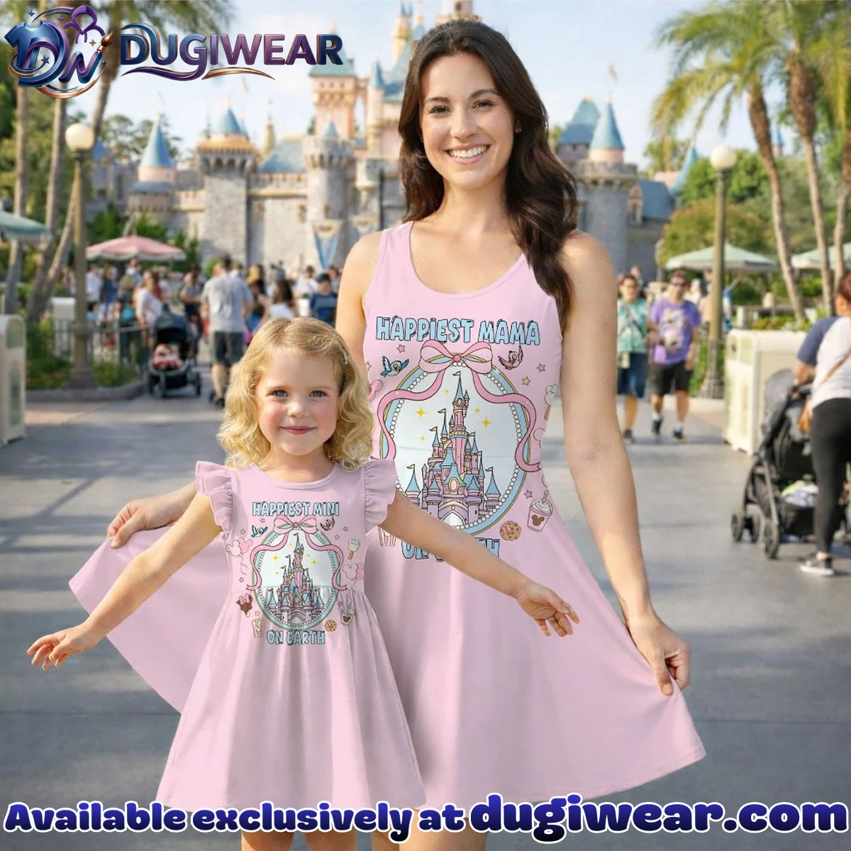 Disney Castle Happiest Mama On Earth Pattern Mommy & Me Skater Dress, Mama Mini Family Matching Outfit Disney Castle Happiest Mama On Earth Pattern Mommy & Me Skater Dress, Mama Mini Family Matching Outfit