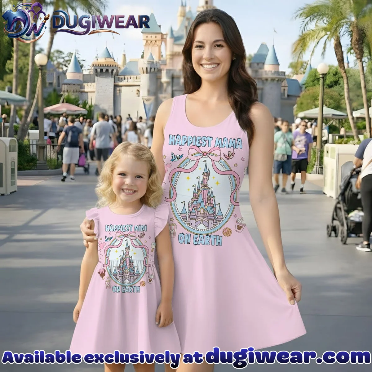 Disney Castle Happiest Mama On Earth Pattern Mommy & Me Skater Dress, Mama Mini Family Matching Outfit