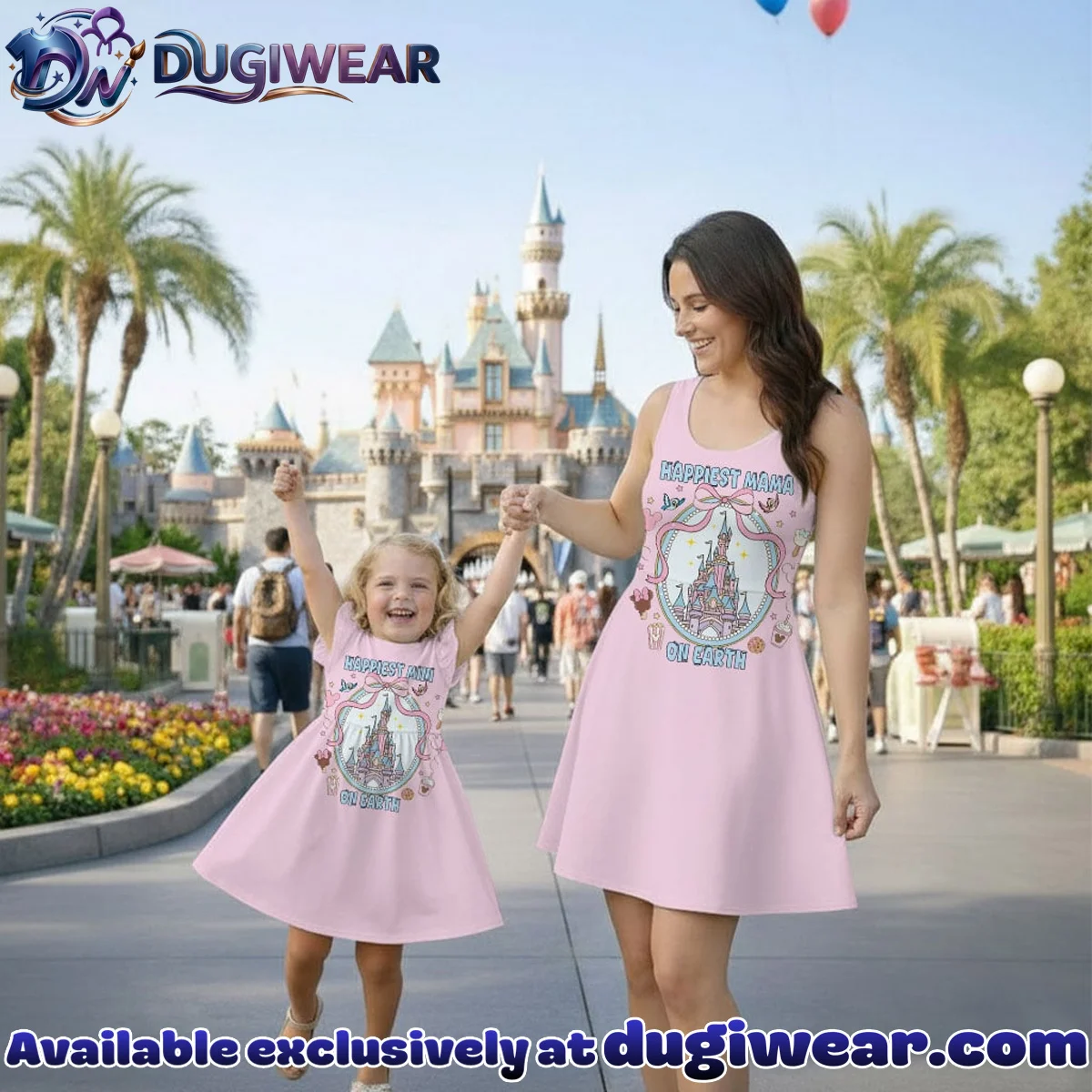 Disney Castle Happiest Mama On Earth Pattern Mommy & Me Skater Dress, Mama Mini Family Matching Outfit Disney Castle Happiest Mama On Earth Pattern Mommy & Me Skater Dress, Mama Mini Family Matching Outfit
