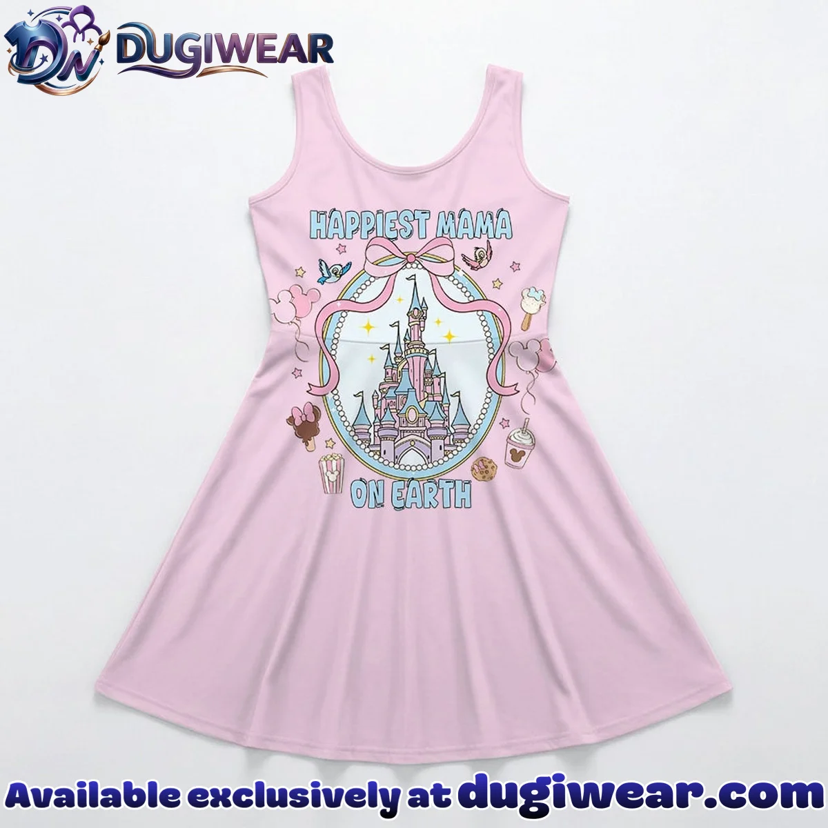 Disney Castle Happiest Mama On Earth Pattern Mommy & Me Skater Dress, Mama Mini Family Matching Outfit Disney Castle Happiest Mama On Earth Pattern Mommy & Me Skater Dress, Mama Mini Family Matching Outfit