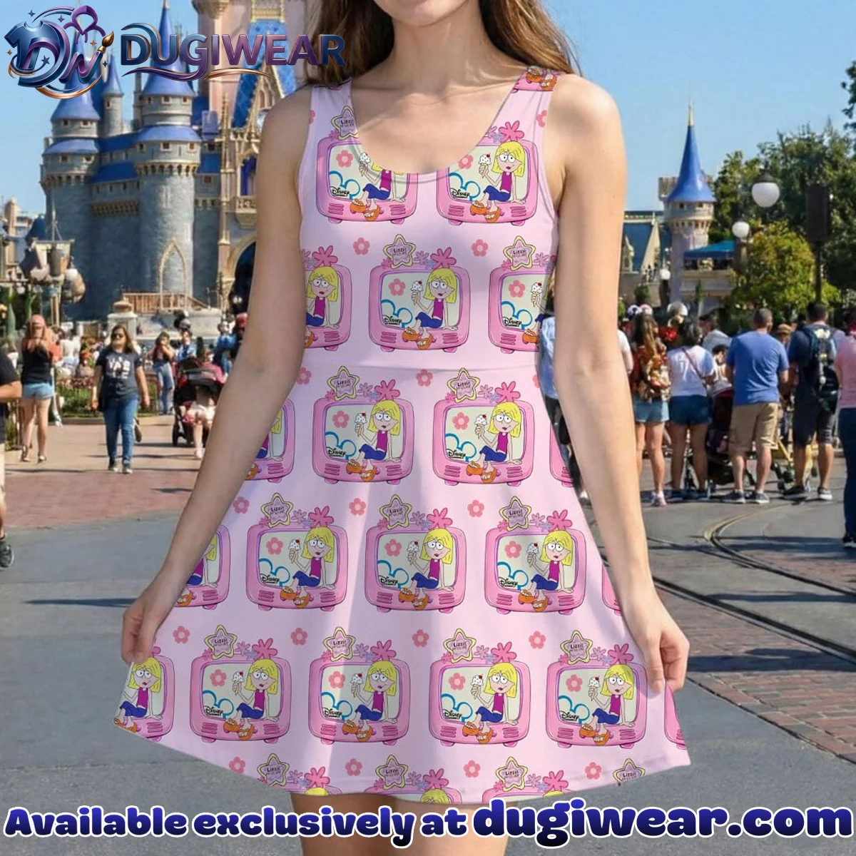 Disney Lizzie McGuire Character Pattern Mommy & Me Pink Skater Dress, Mama Mini Family Matching Outfit Disney Lizzie McGuire Character Pattern Mommy & Me Pink Skater Dress, Mama Mini Family Matching Outfit