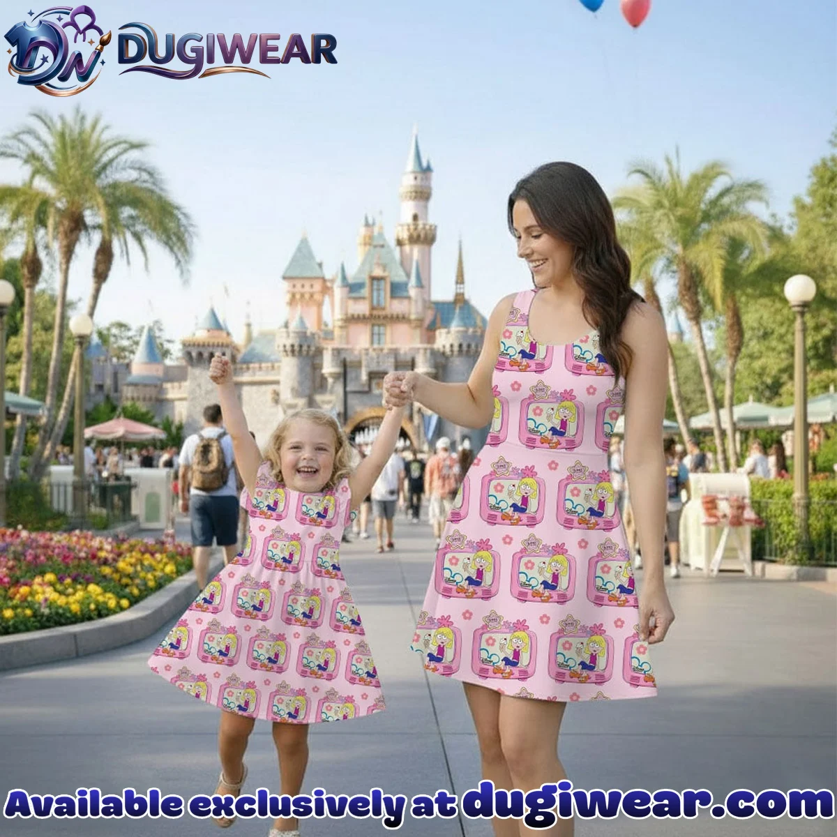 Disney Lizzie McGuire Character Pattern Mommy & Me Pink Skater Dress, Mama Mini Family Matching Outfit Disney Lizzie McGuire Character Pattern Mommy & Me Pink Skater Dress, Mama Mini Family Matching Outfit