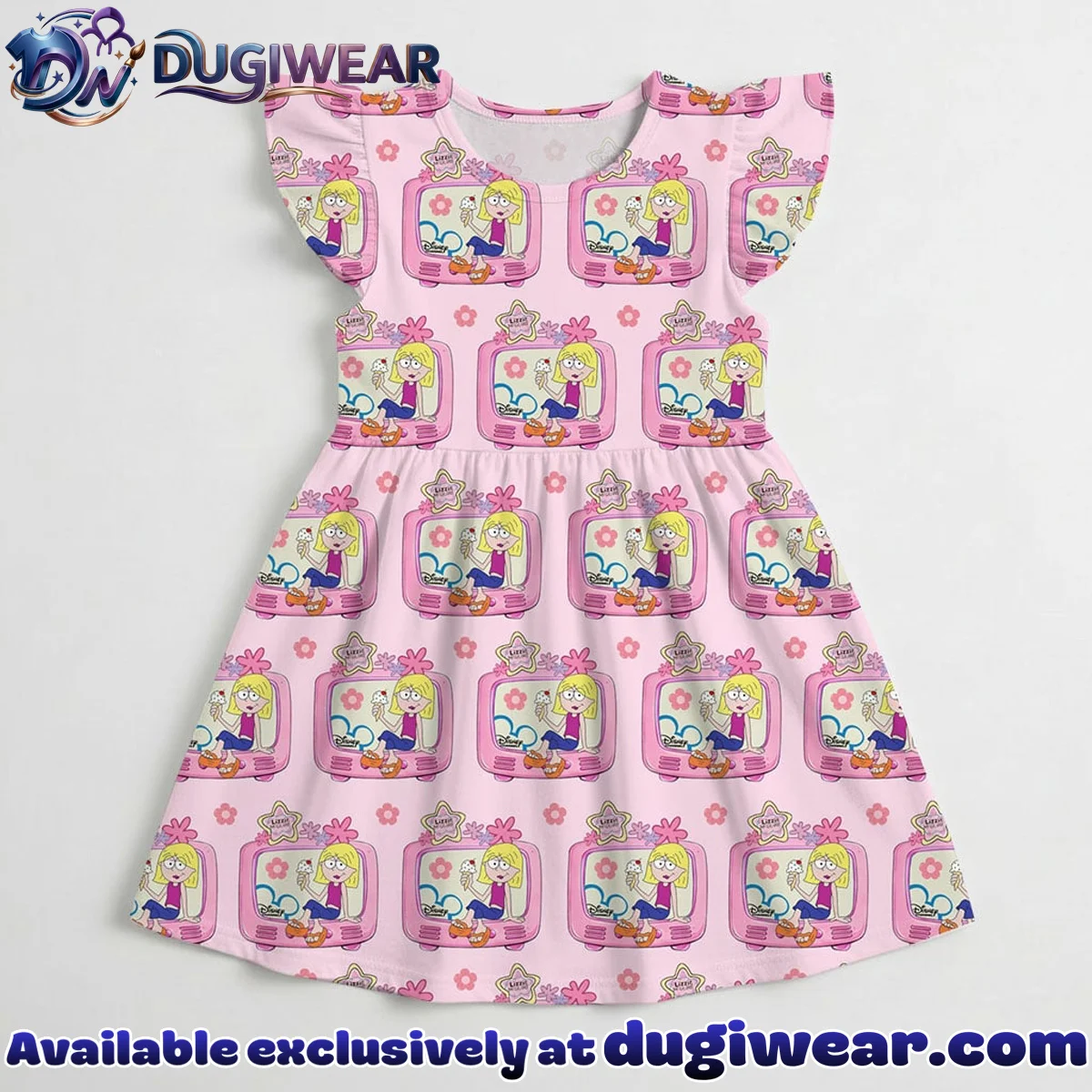 Disney Lizzie McGuire Character Pattern Mommy & Me Pink Skater Dress, Mama Mini Family Matching Outfit Disney Lizzie McGuire Character Pattern Mommy & Me Pink Skater Dress, Mama Mini Family Matching Outfit