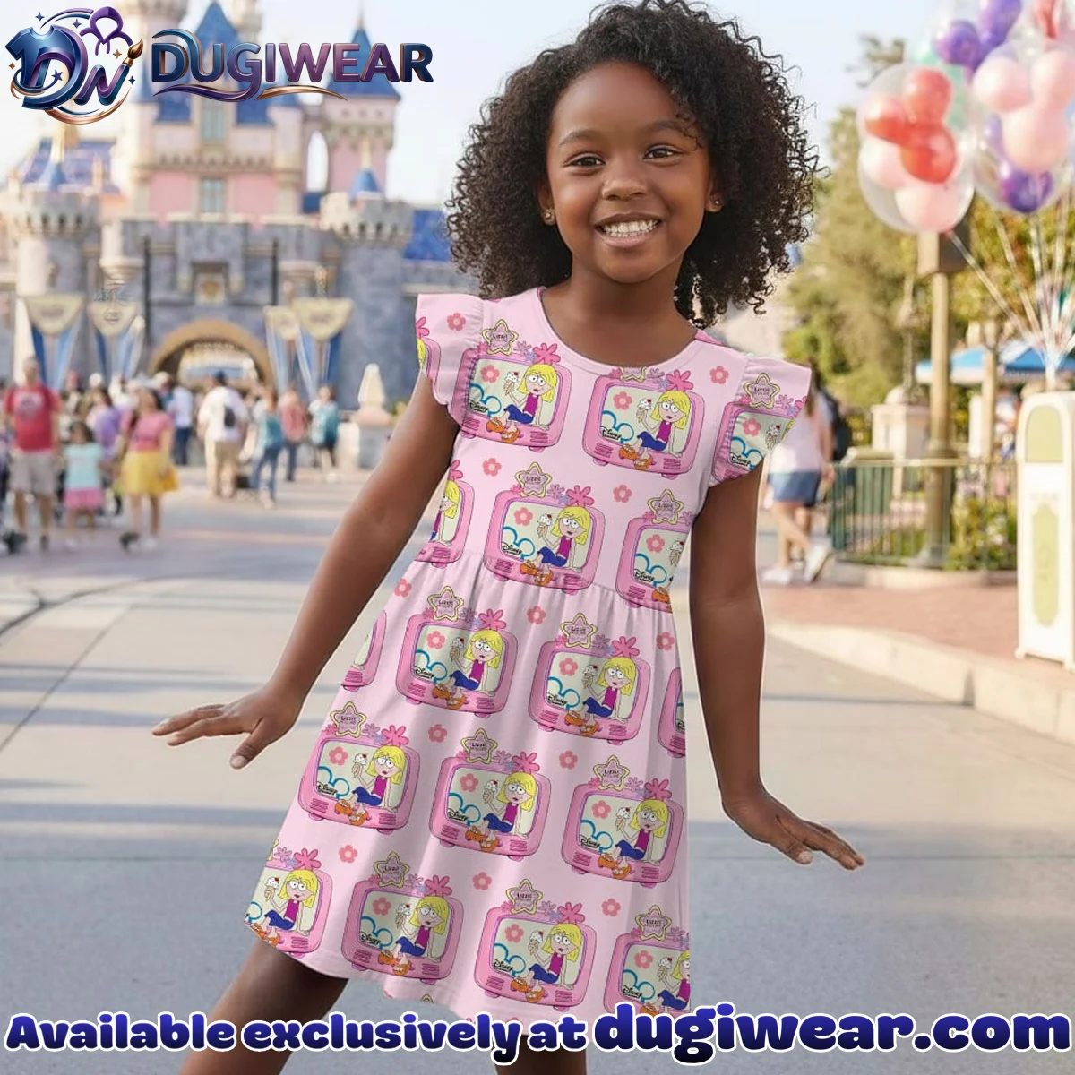 Disney Lizzie McGuire Character Pattern Mommy & Me Pink Skater Dress, Mama Mini Family Matching Outfit Disney Lizzie McGuire Character Pattern Mommy & Me Pink Skater Dress, Mama Mini Family Matching Outfit