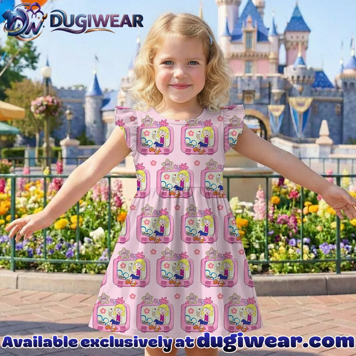 Disney Lizzie McGuire Character Pattern Mommy & Me Pink Skater Dress, Mama Mini Family Matching Outfit Disney Lizzie McGuire Character Pattern Mommy & Me Pink Skater Dress, Mama Mini Family Matching Outfit