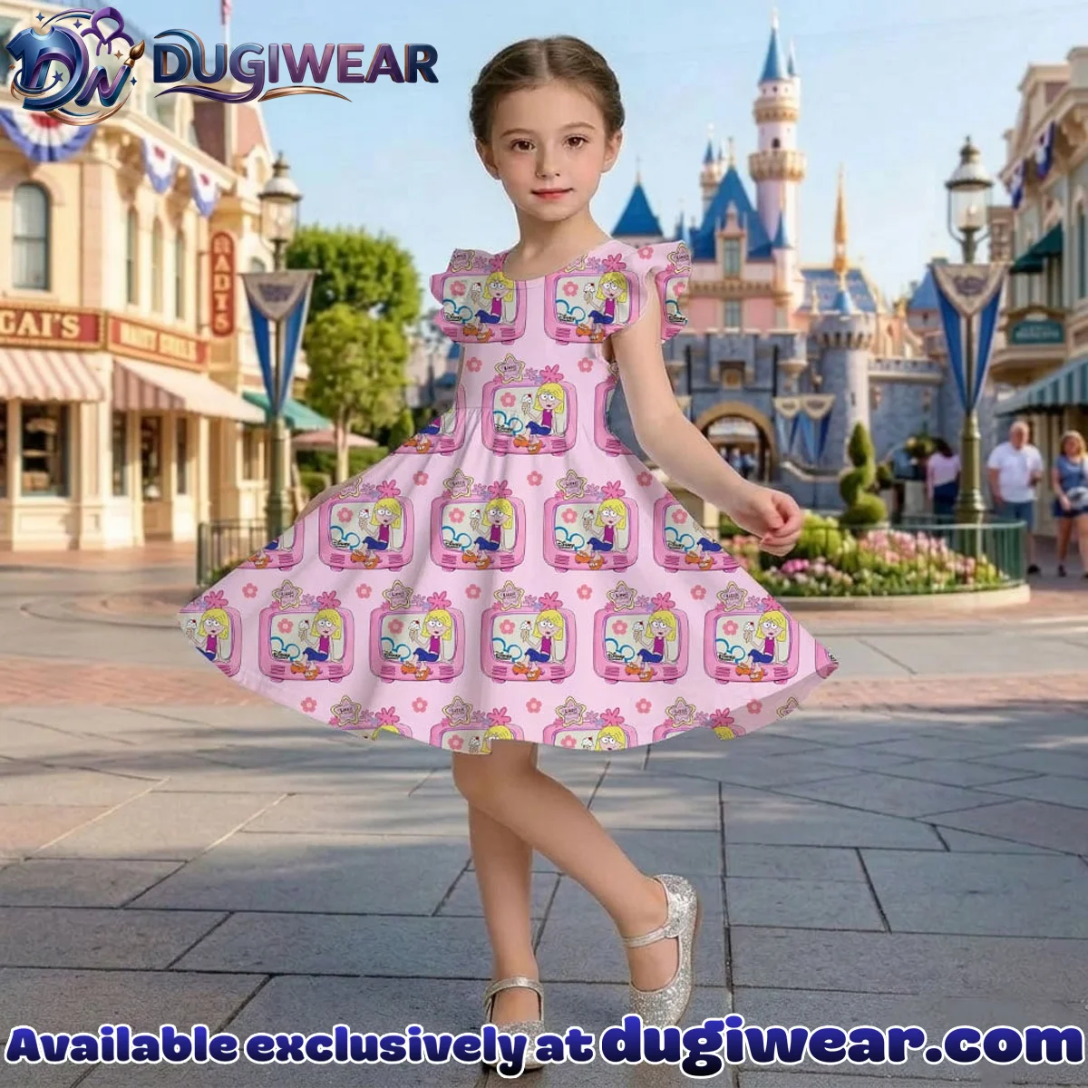 Disney Lizzie McGuire Character Pattern Mommy & Me Pink Skater Dress, Mama Mini Family Matching Outfit Disney Lizzie McGuire Character Pattern Mommy & Me Pink Skater Dress, Mama Mini Family Matching Outfit