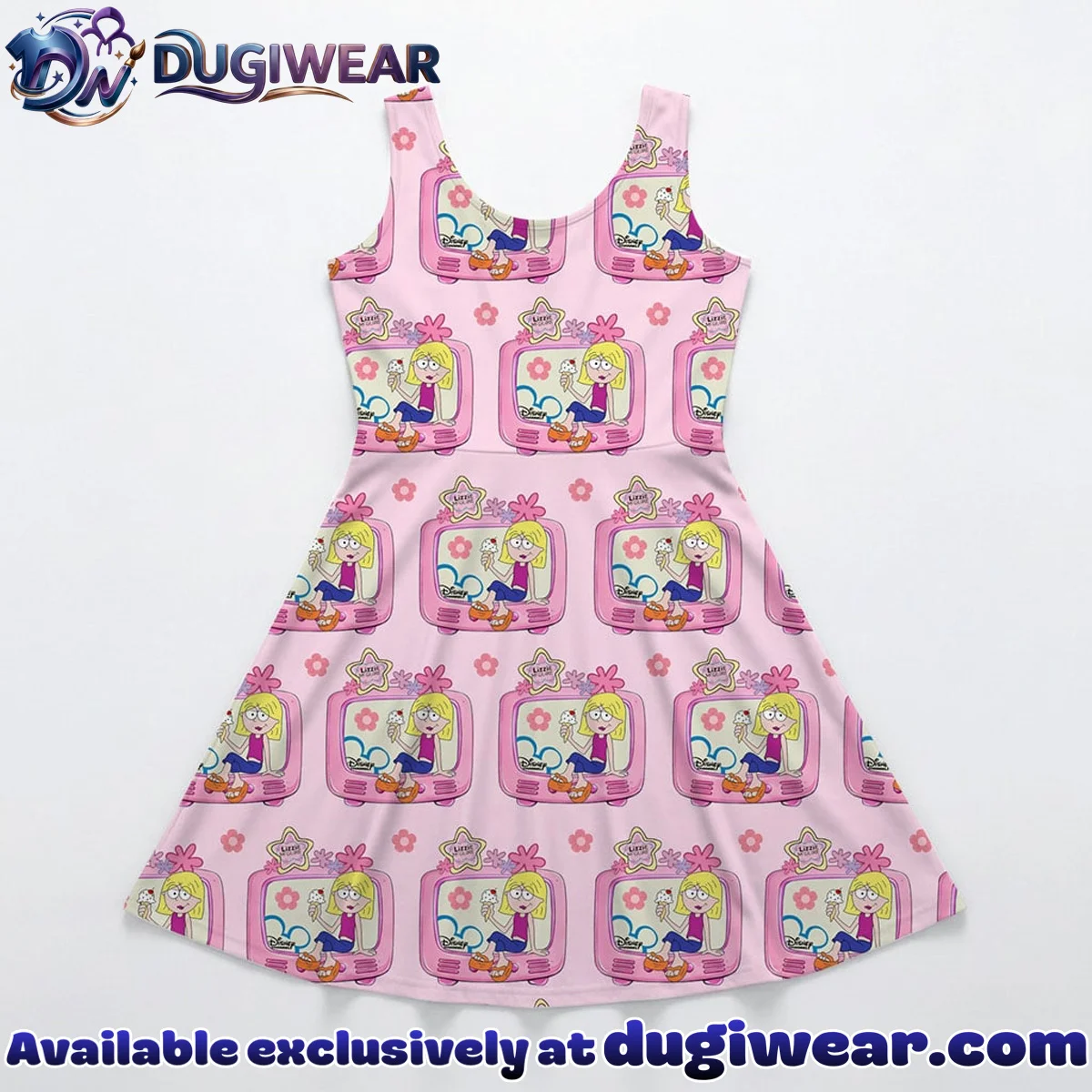 Disney Lizzie McGuire Character Pattern Mommy & Me Pink Skater Dress, Mama Mini Family Matching Outfit Disney Lizzie McGuire Character Pattern Mommy & Me Pink Skater Dress, Mama Mini Family Matching Outfit