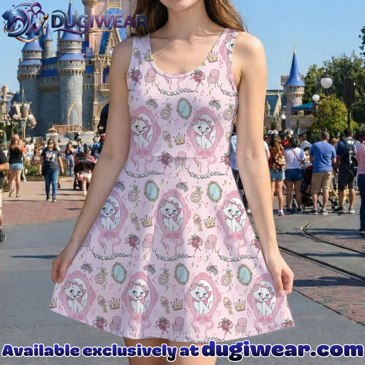 Disney Marie Pink Pattern Mommy & Me Skater Dress, Mama Mini Family Matching Outfit Disney Marie Pink Pattern Mommy & Me Skater Dress, Mama Mini Family Matching Outfit