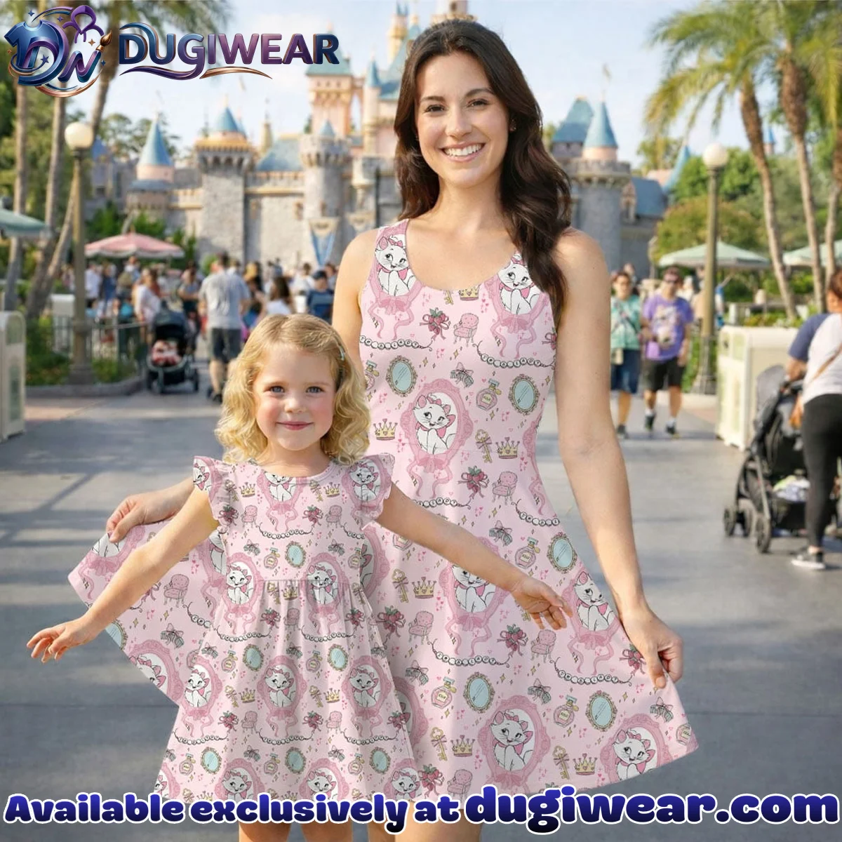Disney Marie Pink Pattern Mommy & Me Skater Dress, Mama Mini Family Matching Outfit Disney Marie Pink Pattern Mommy & Me Skater Dress, Mama Mini Family Matching Outfit