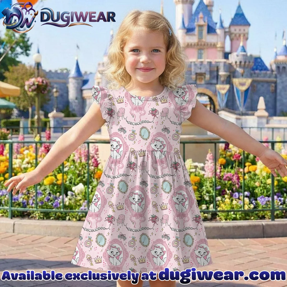 Disney Marie Pink Pattern Mommy & Me Skater Dress, Mama Mini Family Matching Outfit Disney Marie Pink Pattern Mommy & Me Skater Dress, Mama Mini Family Matching Outfit