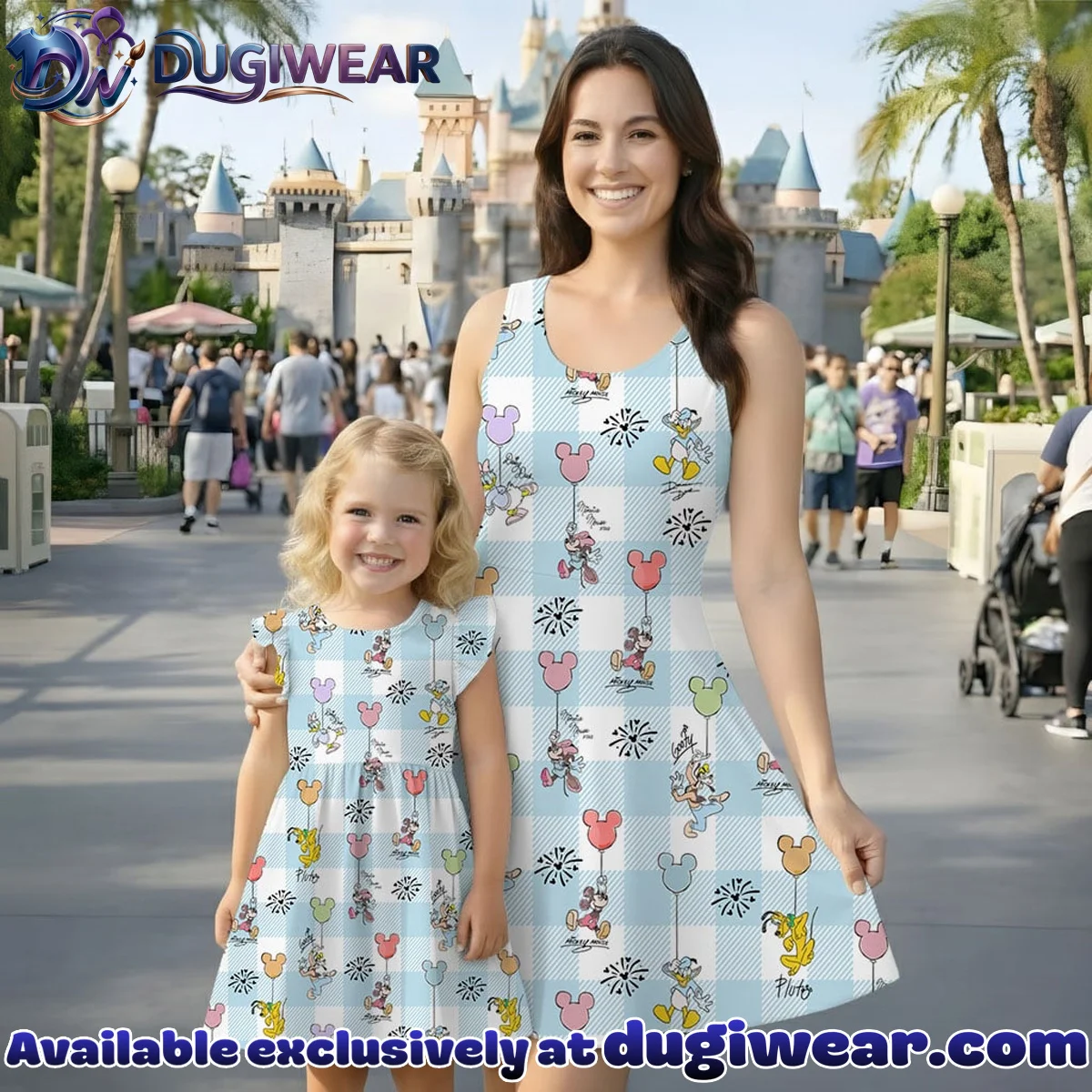 Disney Mickey and Friends Balloon Pattern Mommy & Me Skater Dress, Mama Mini Family Matching Outfit