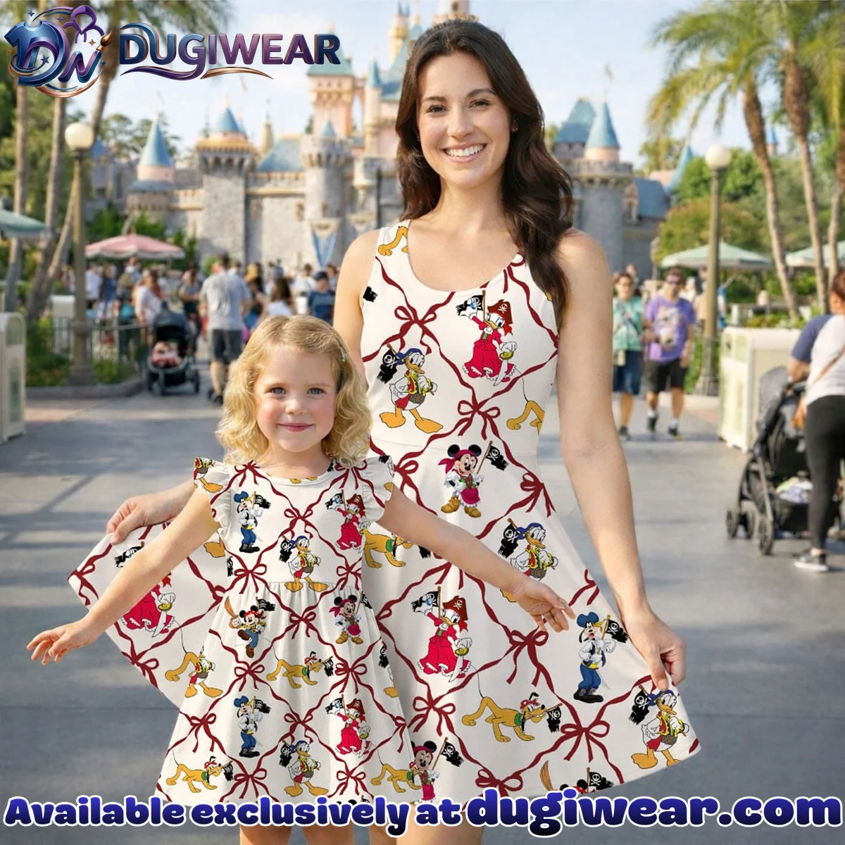 Disney Mickey and Friends Pirate Bow Pattern Mommy & Me Skater Dress, Mama Mini Family Matching Outfit Disney Mickey and Friends Pirate Bow Pattern Mommy & Me Skater Dress, Mama Mini Family Matching Outfit