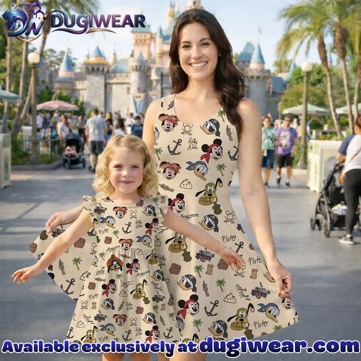 Disney Mickey and Friends Pirate Pattern Mommy & Me Skater Dress, Mama Mini Family Matching Outfit Disney Mickey and Friends Pirate Pattern Mommy & Me Skater Dress, Mama Mini Family Matching Outfit