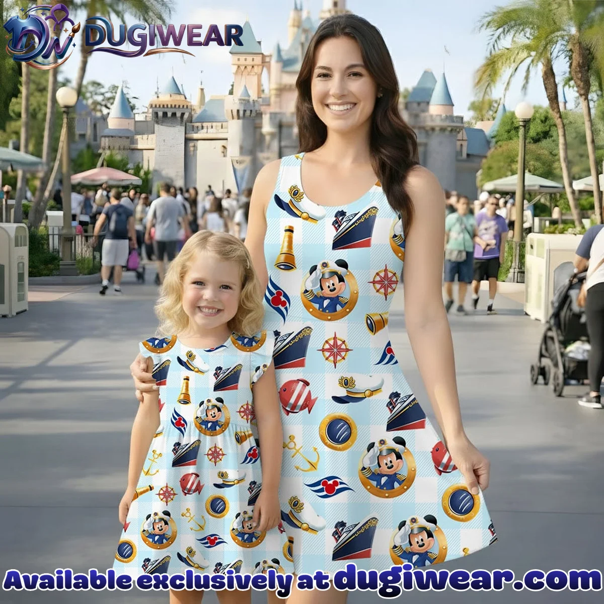 Disney Mickey Boat Pattern Mommy & Me Skater Dress, Mama Mini Family Matching Outfit