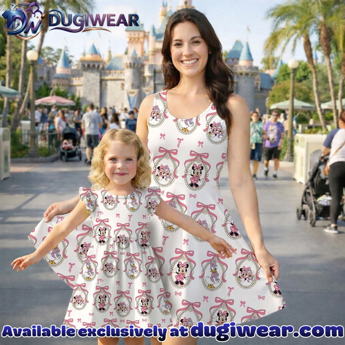 Disney Minnie and Daisy Character Pattern Mommy & Me Skater Dress, Mama Mini Family Matching Outfit Disney Minnie and Daisy Character Pattern Mommy & Me Skater Dress, Mama Mini Family Matching Outfit