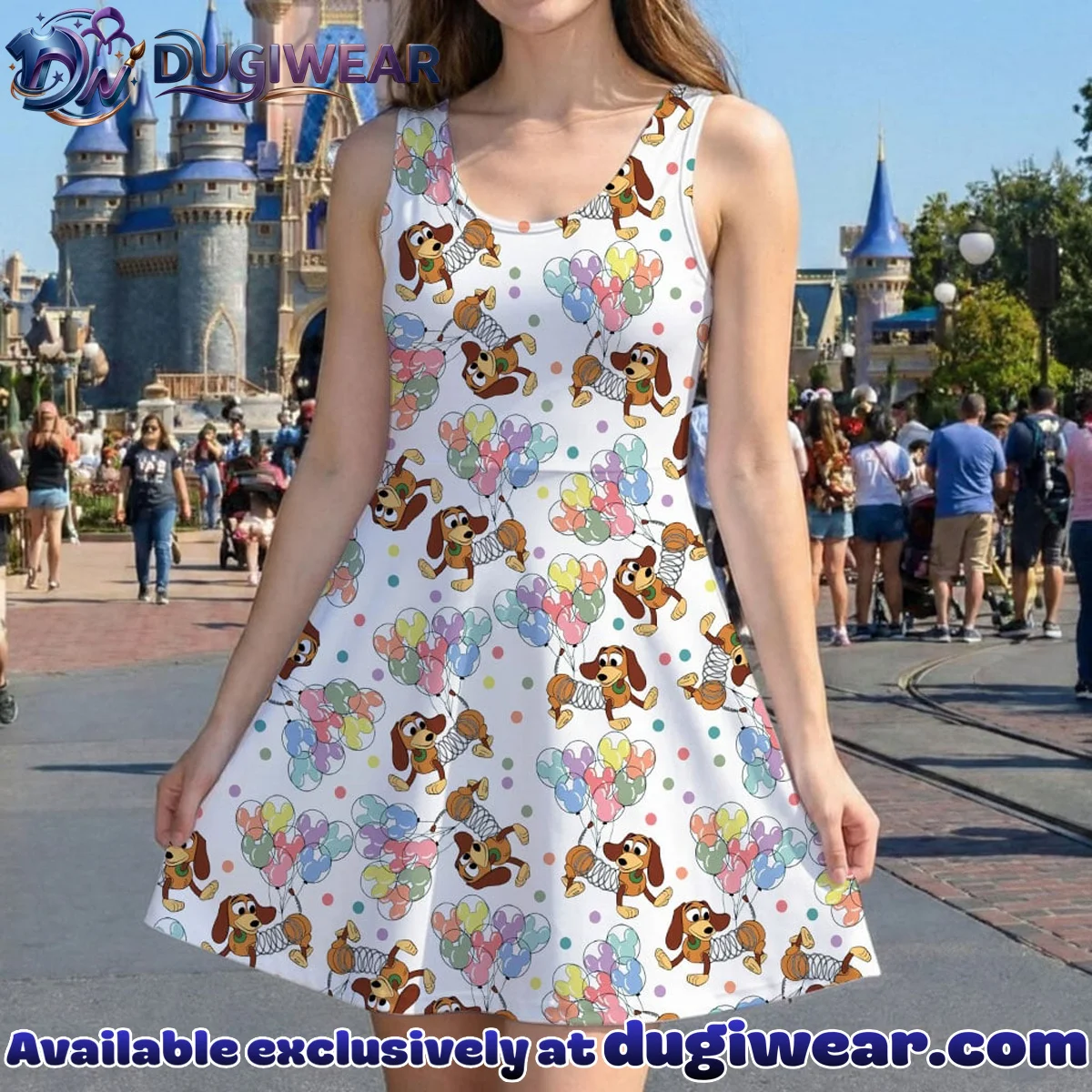 Disney Slinky Dog Character Pattern Mommy & Me Skater Dress, Mama Mini Family Matching Outfit Disney Slinky Dog Character Pattern Mommy & Me Skater Dress, Mama Mini Family Matching Outfit