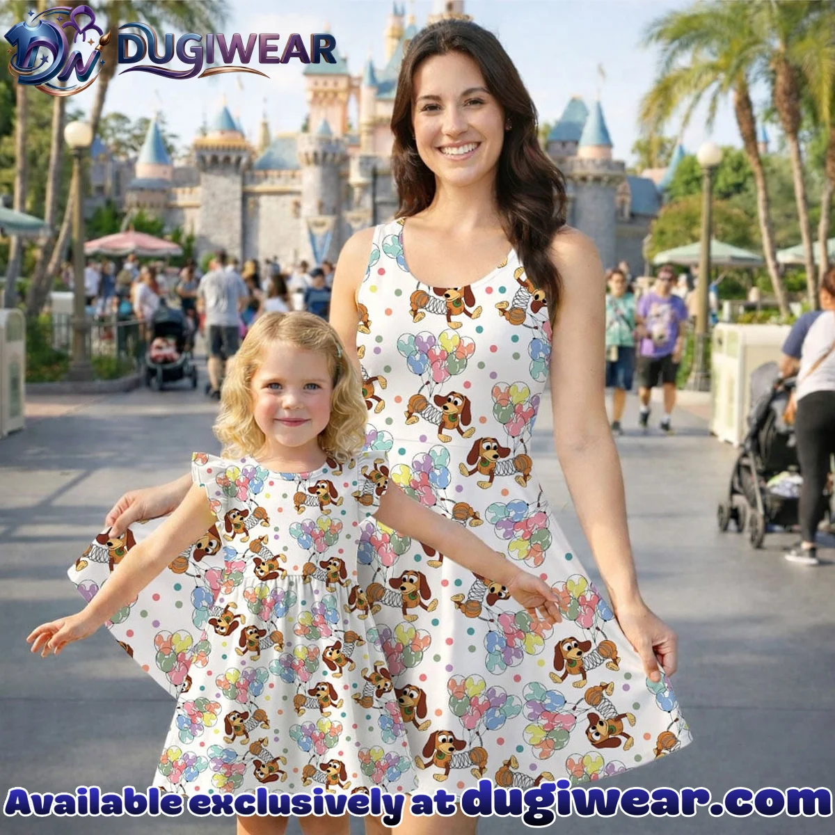 Disney Slinky Dog Character Pattern Mommy & Me Skater Dress, Mama Mini Family Matching Outfit Disney Slinky Dog Character Pattern Mommy & Me Skater Dress, Mama Mini Family Matching Outfit