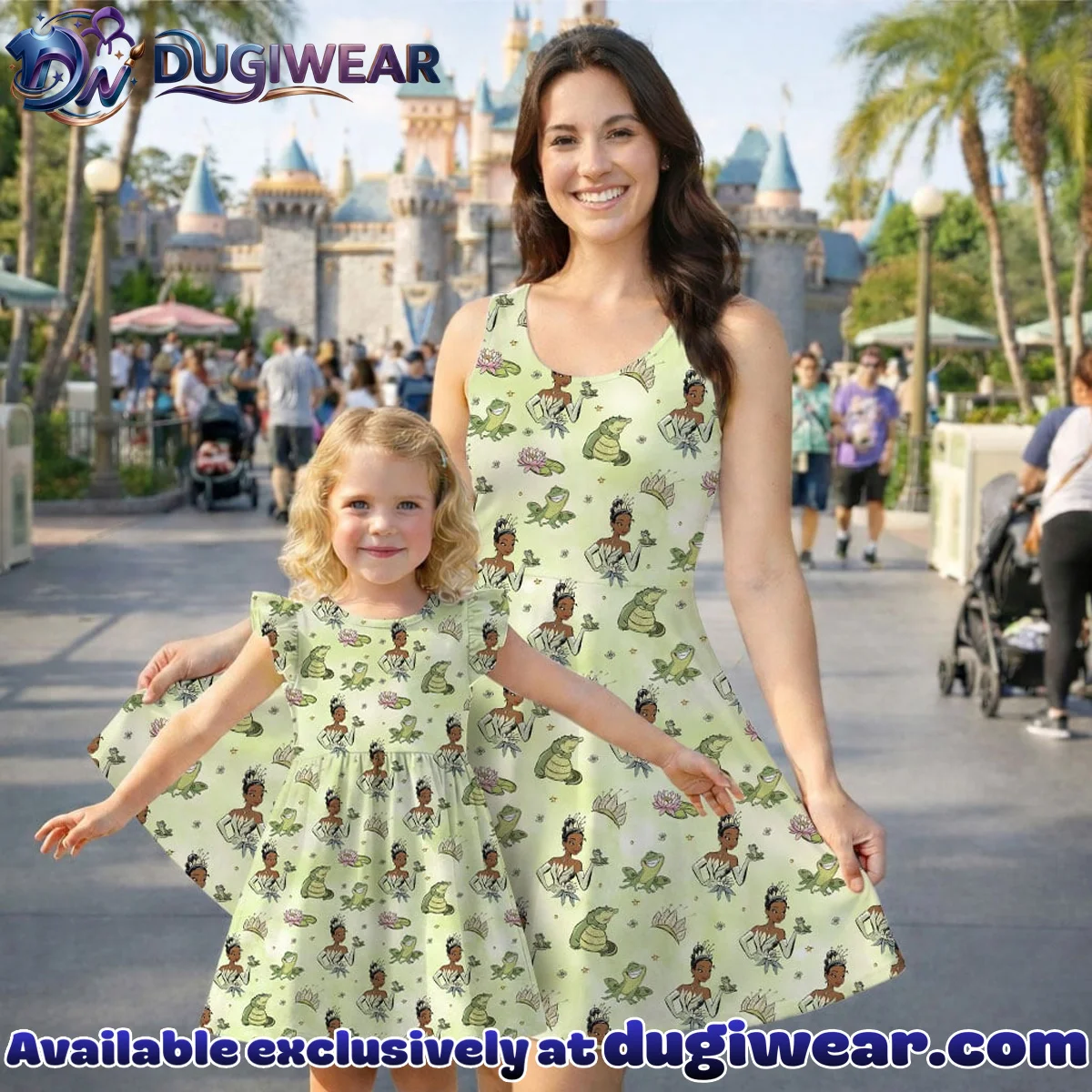 Disney Tiana Pattern Mommy & Me Skater Dress, Mama Mini Family Matching Outfit Disney Tiana Pattern Mommy & Me Skater Dress, Mama Mini Family Matching Outfit