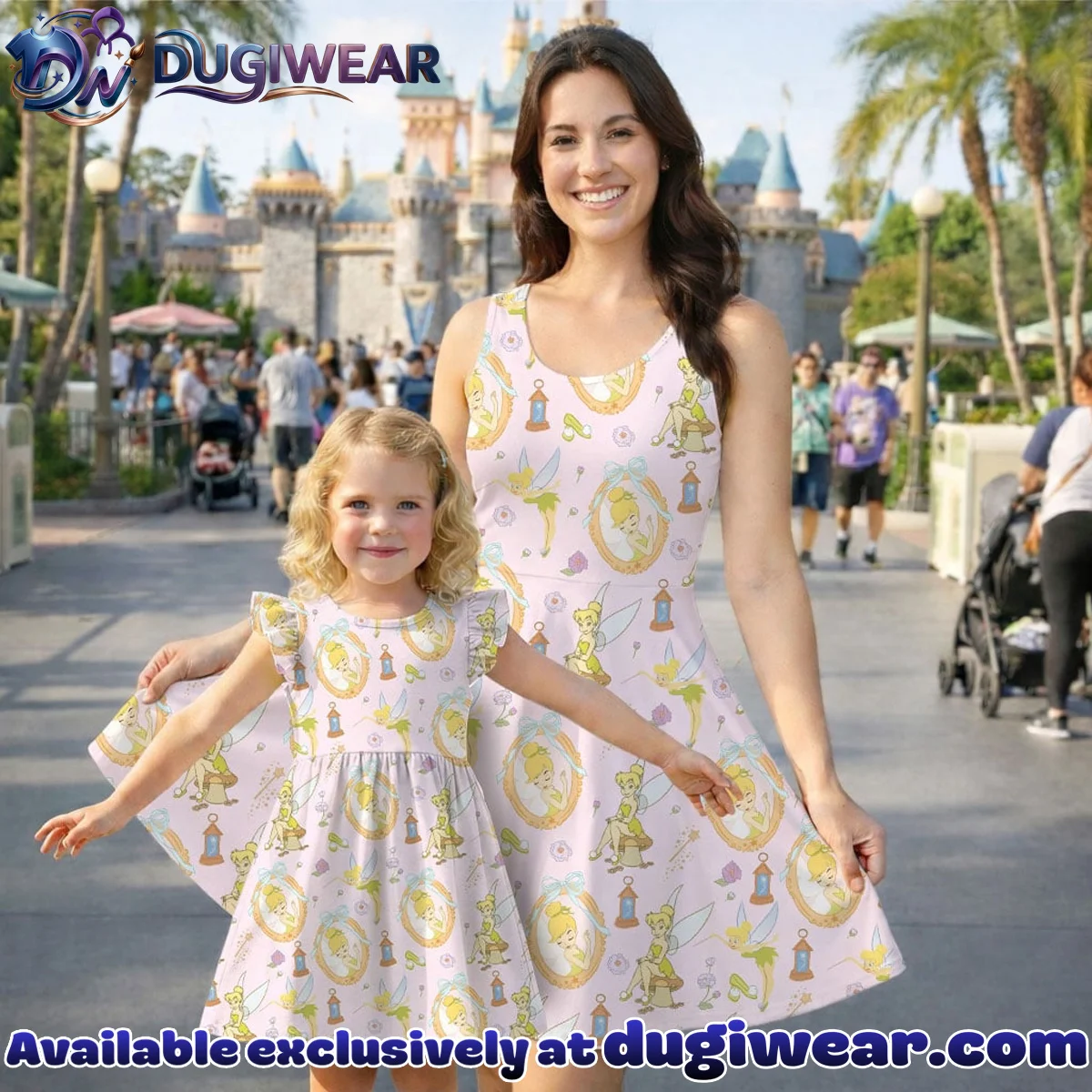 Disney Tinker Bell Fairy Pattern Mommy & Me Skater Dress, Mama Mini Family Matching Outfit Disney Tinker Bell Fairy Pattern Mommy & Me Skater Dress, Mama Mini Family Matching Outfit