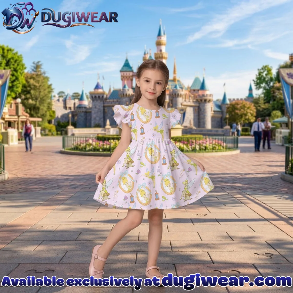 Disney Tinker Bell Fairy Pattern Mommy & Me Skater Dress, Mama Mini Family Matching Outfit Disney Tinker Bell Fairy Pattern Mommy & Me Skater Dress, Mama Mini Family Matching Outfit