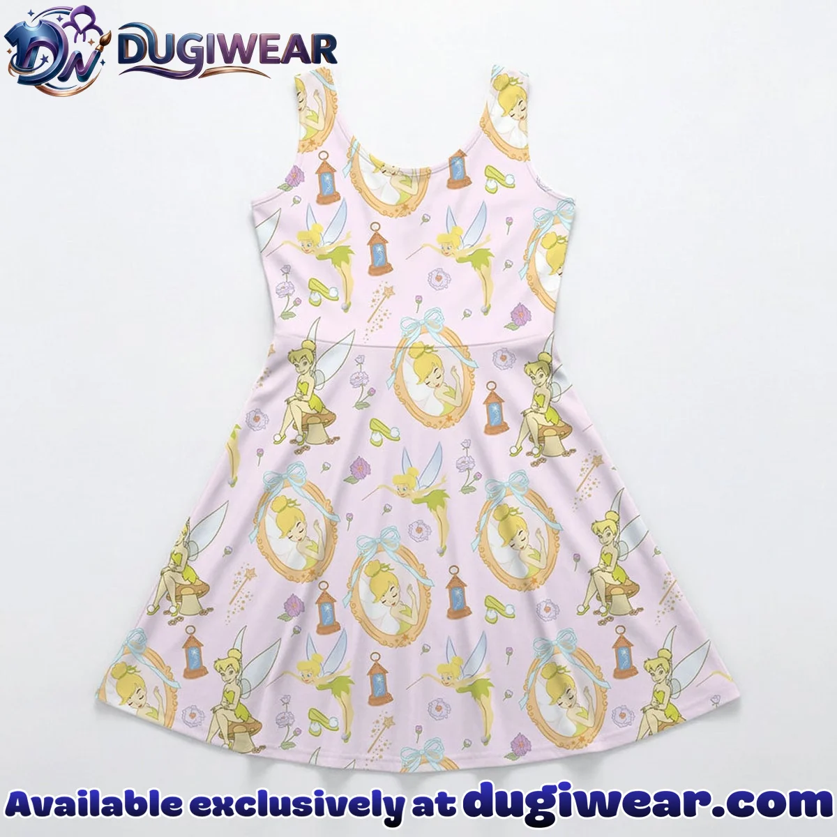 Disney Tinker Bell Fairy Pattern Mommy & Me Skater Dress, Mama Mini Family Matching Outfit Disney Tinker Bell Fairy Pattern Mommy & Me Skater Dress, Mama Mini Family Matching Outfit