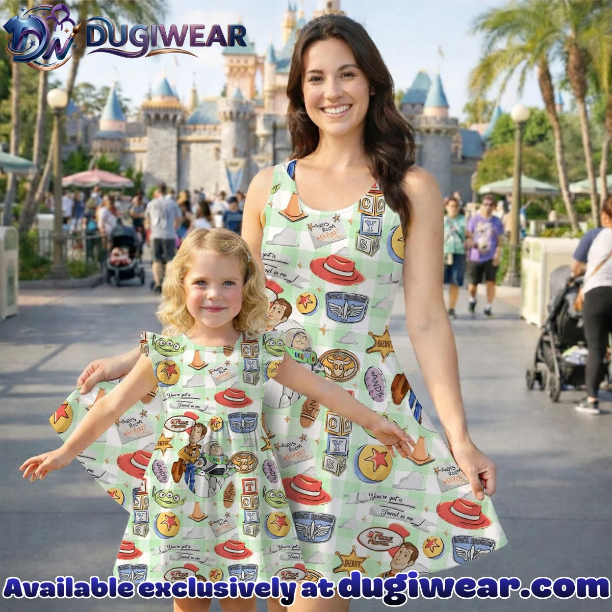 Disney Toy Story Character Pattern Mommy & Me Skater Dress, Mama Mini Family Matching Outfit Disney Toy Story Character Pattern Mommy & Me Skater Dress, Mama Mini Family Matching Outfit