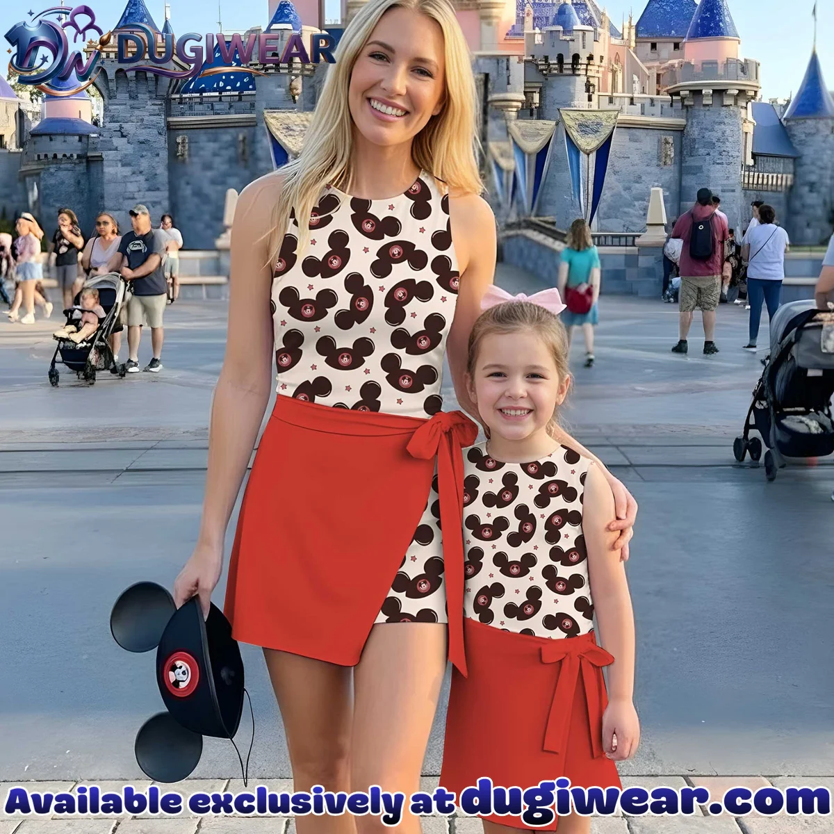 Girls Disney Mickey Mouse Ears Hat Red White Athletic Dress - Tennis Dress Skirt, Family Matching Outfit