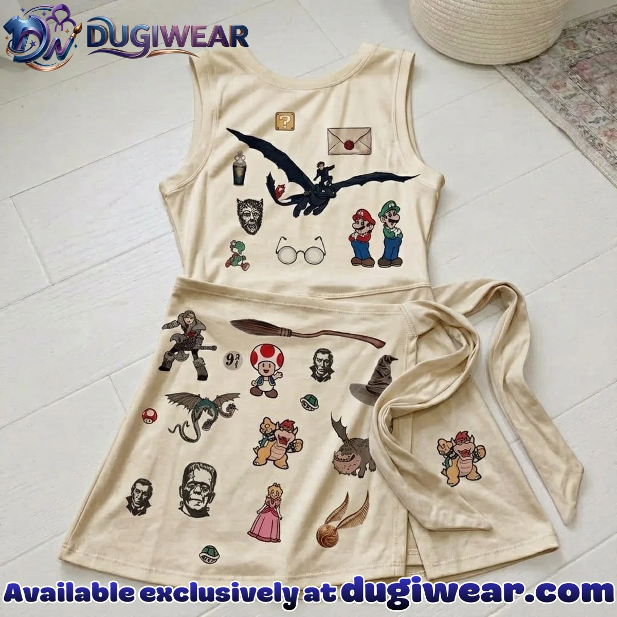 Super Mario Character Pattern Tennis Dress Skirt, Mama Mini Family Matching Outfit Athletic Dress Super Mario Character Pattern Tennis Dress Skirt, Mama Mini Family Matching Outfit Athletic Dress