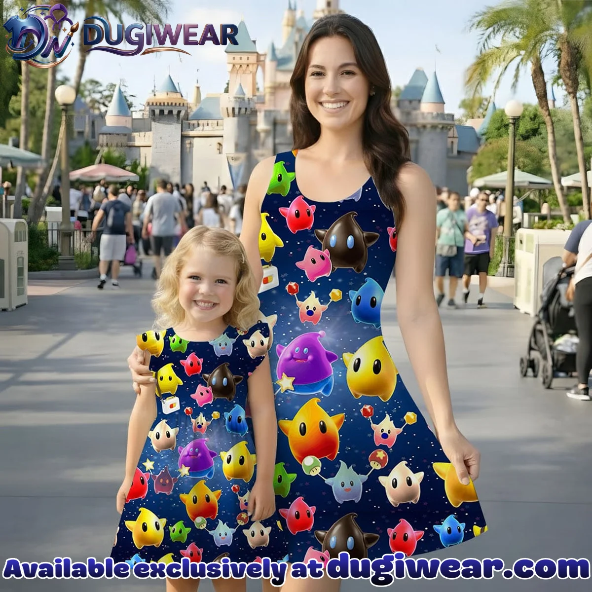Super Mario Galaxy Character Pattern Mommy & Me Skater Dress, Mama Mini Family Matching Outfit